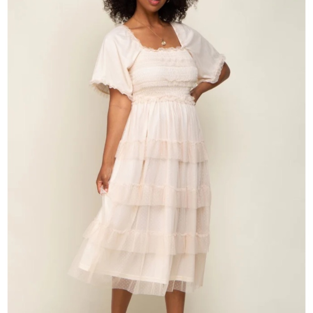 Pinkblush cream swiss dot ruffle dress